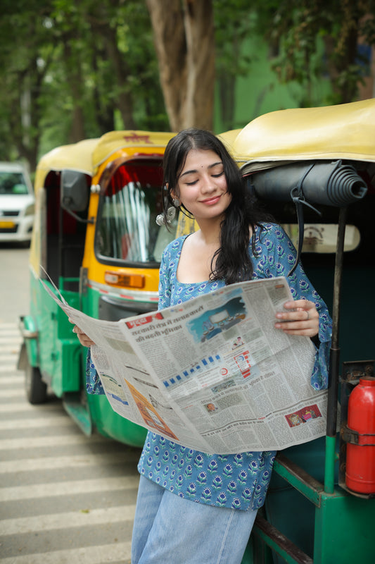 Naina Blue Hand Block Short Kurti