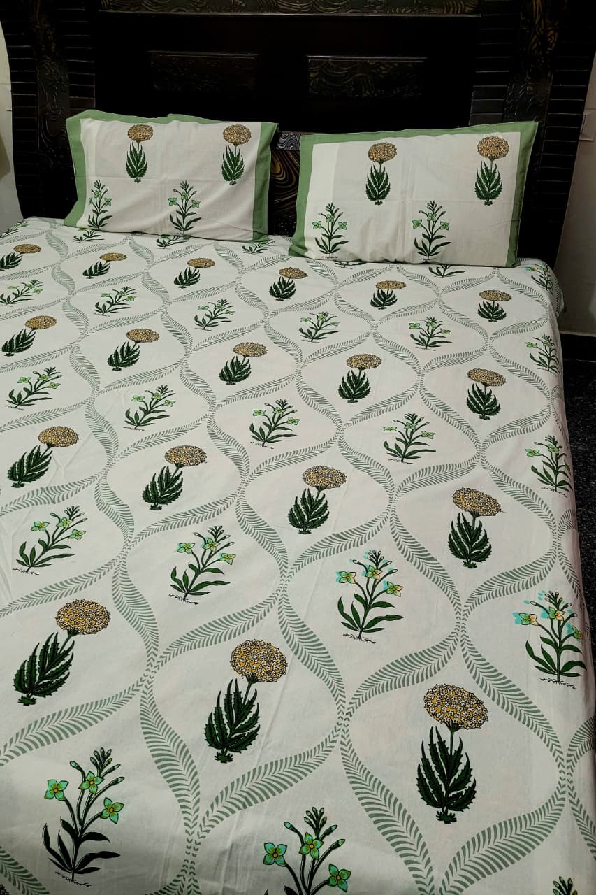 Hand Block Premium Jaipuri Printed King Size Bedsheet with 2 Pillow Cover