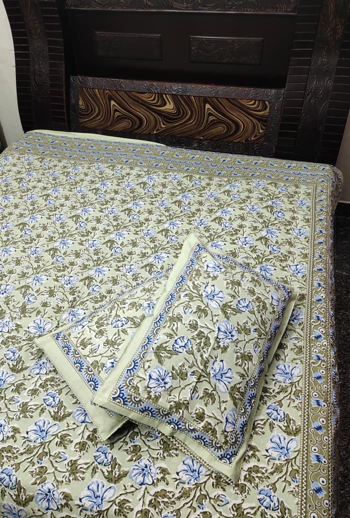Hand Block Premium Jaipuri Printed King Size Bedsheet with 2 Pillow Cover