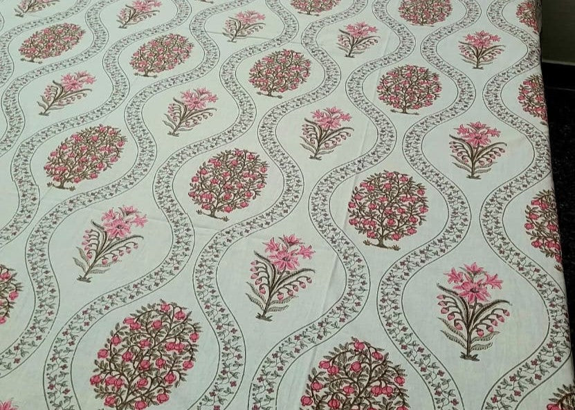 Hand Block Premium Pink Jaipuri Printed King Size Bedsheet with 2 Pillow Cover
