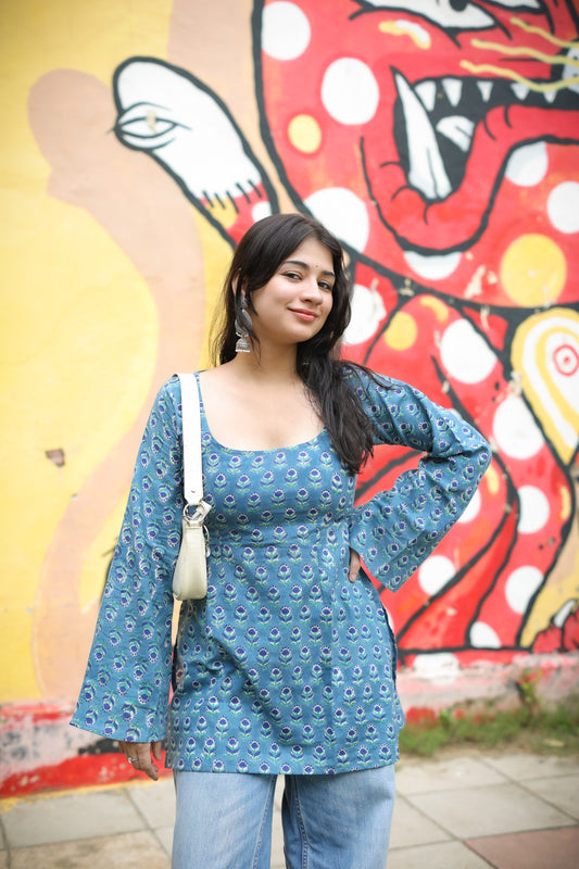 Naina Blue Hand Block Short Kurti