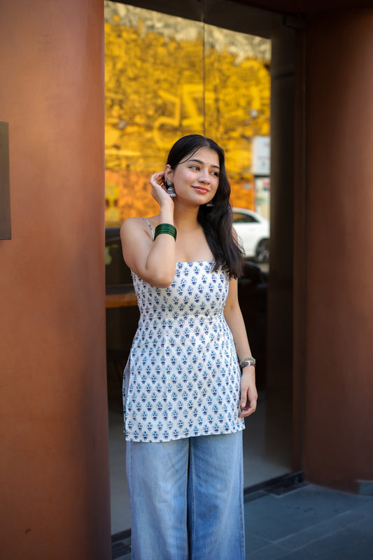 White Handblock Short Kurti