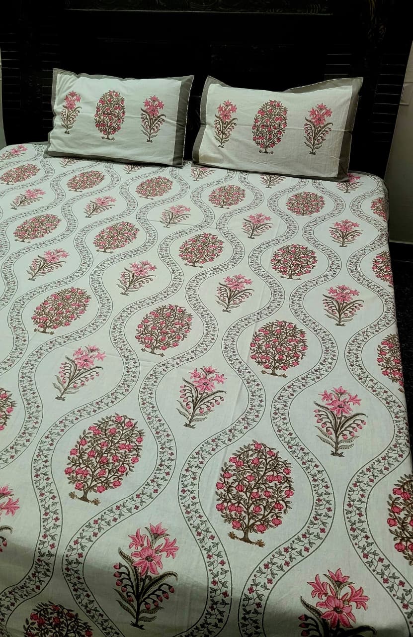 Hand Block Premium Pink Jaipuri Printed King Size Bedsheet with 2 Pillow Cover