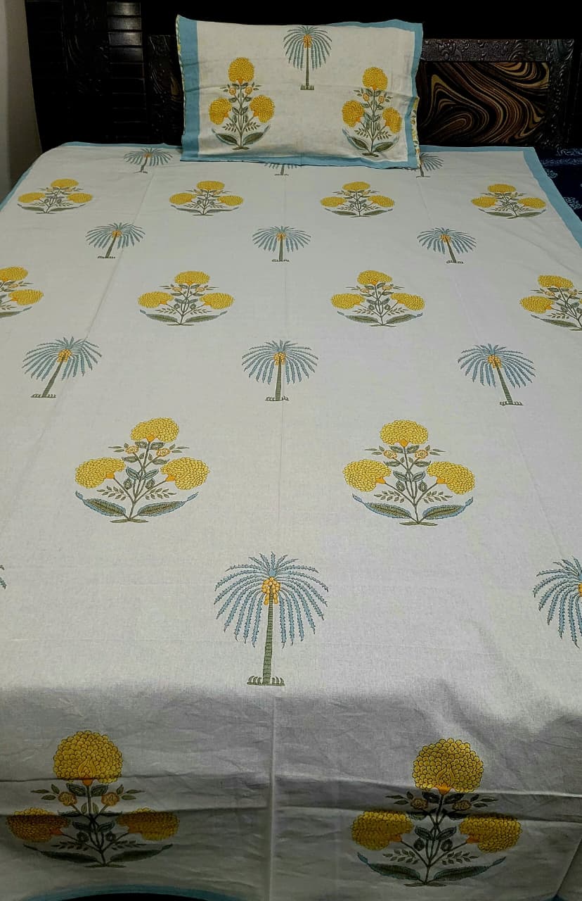 Hand Block Premium Yellow Jaipuri Printed King Size Bedsheet with 2 Pillow Cover