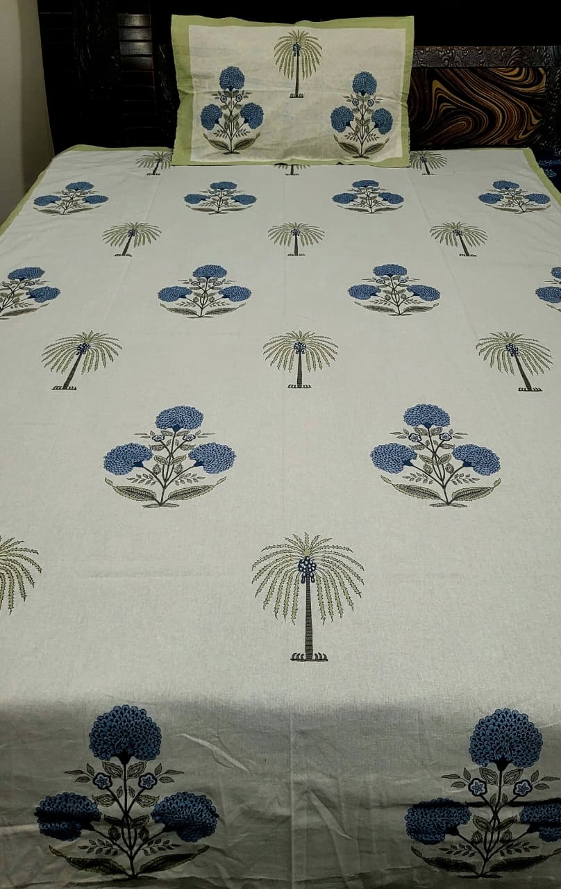 Hand Block Premium Blue Jaipuri Printed King Size Bedsheet with 2 Pillow Cover