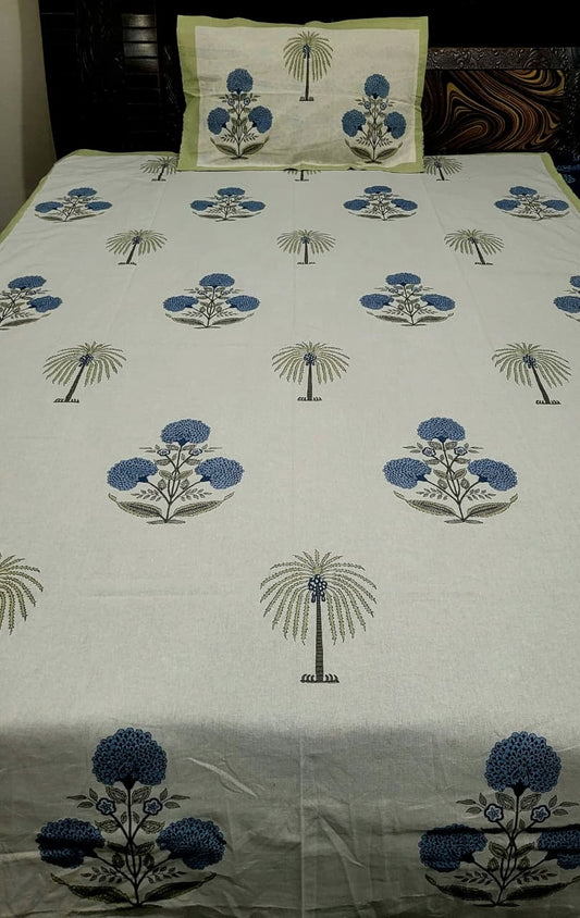 Hand Block Premium Blue Jaipuri Printed King Size Bedsheet with 2 Pillow Cover