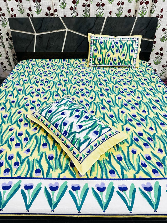 Hand Block Premium Peacock Jaipuri Printed King Size Bedsheet with 2 Pillow Cover