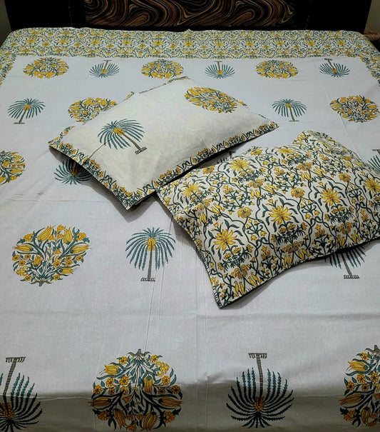 Hand Block Premium Jaipuri Beach Printed King Size Bedsheet with 2 Pillow Cover
