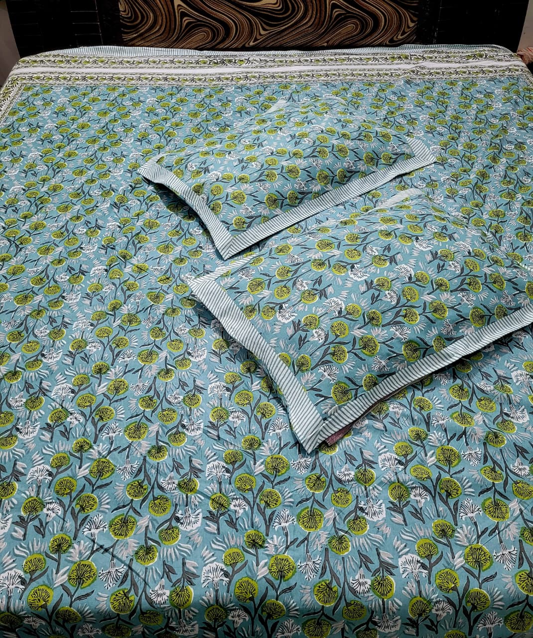 Hand Block Premium Rehimi Printed King Size Bedsheet with 2 Pillow Cover