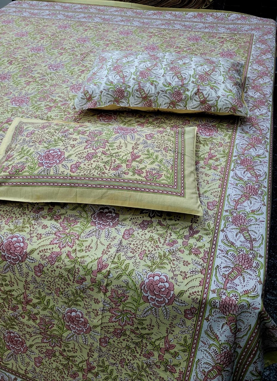 Hand Block Premium Jaipuri Printed King Size Bedsheet with 2 Pillow Cover