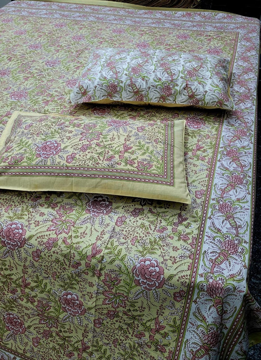 Hand Block Premium Jaipuri Printed King Size Bedsheet with 2 Pillow Cover
