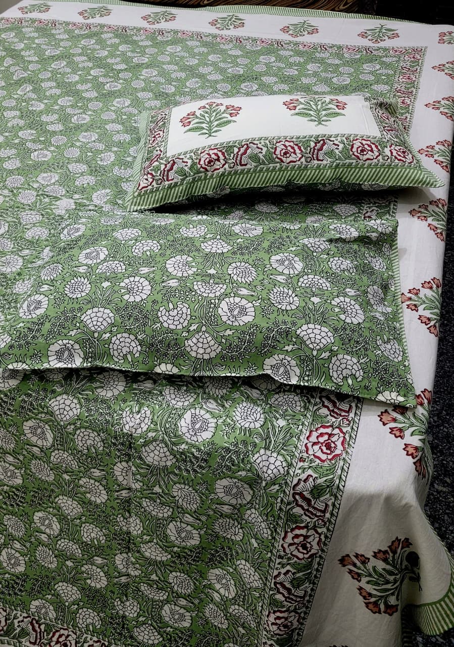 Hand Block Premium Jaipuri Printed King Size Bedsheet with 2 Pillow Cover