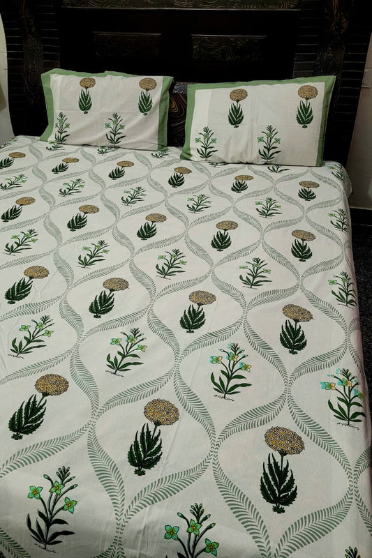 Hand Block Premium Jaipuri Printed King Size Bedsheet with 2 Pillow Cover