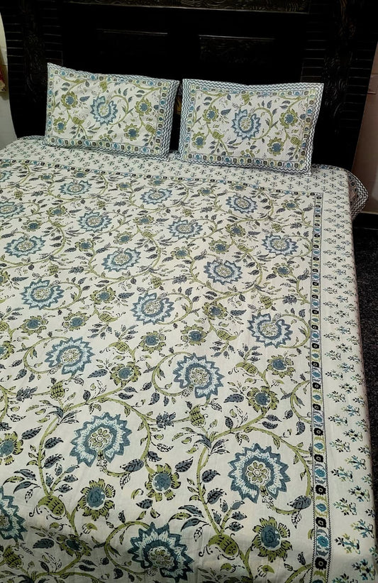 Hand Block Premium Jaipuri Printed King Size Bedsheet with 2 Pillow Cover