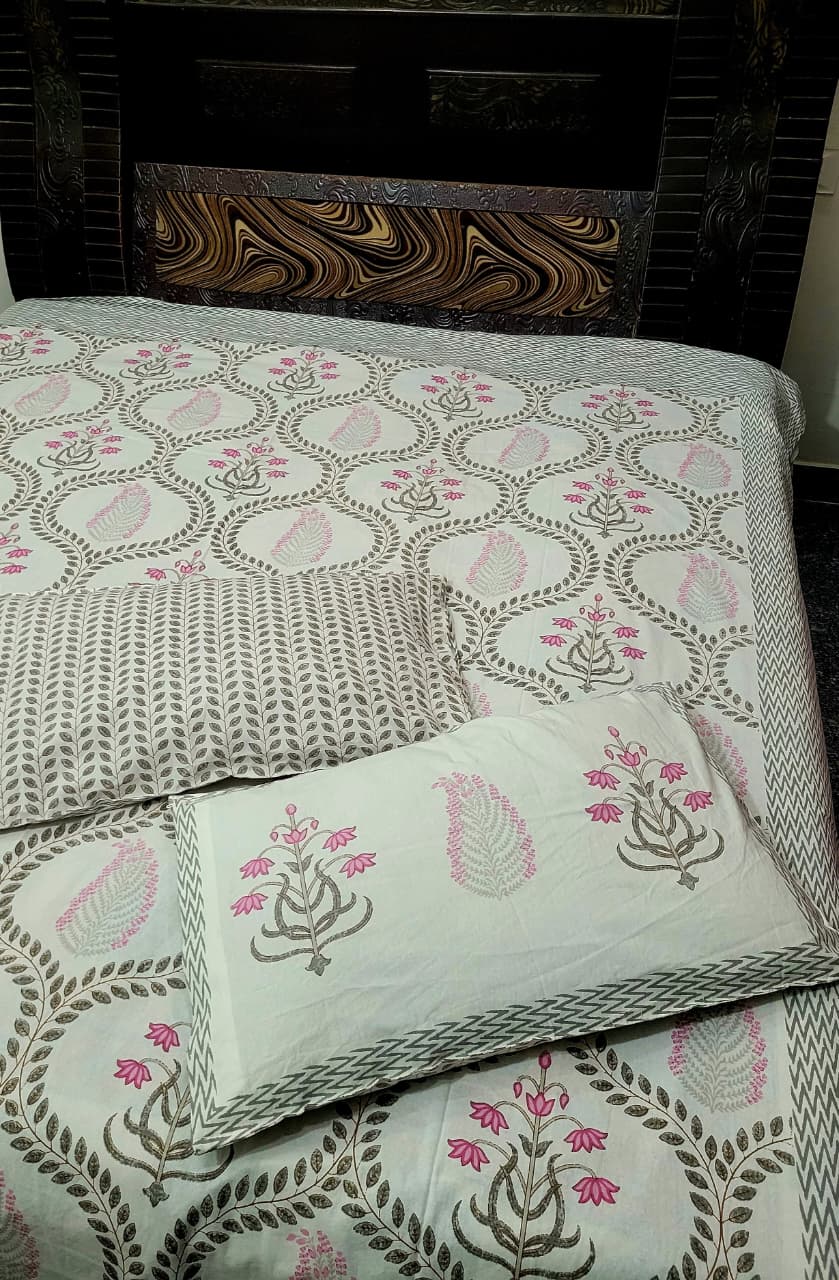 Hand Block Premium Gulabi Printed King Size Bedsheet with 2 Pillow Cover