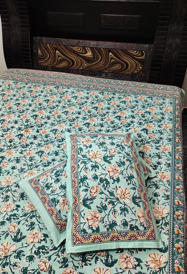 Hand Block Premium Jaipuri Printed King Size Bedsheet with 2 Pillow Cover