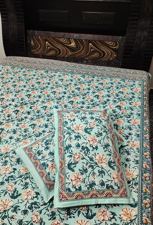 Hand Block Premium Jaipuri Printed King Size Bedsheet with 2 Pillow Cover