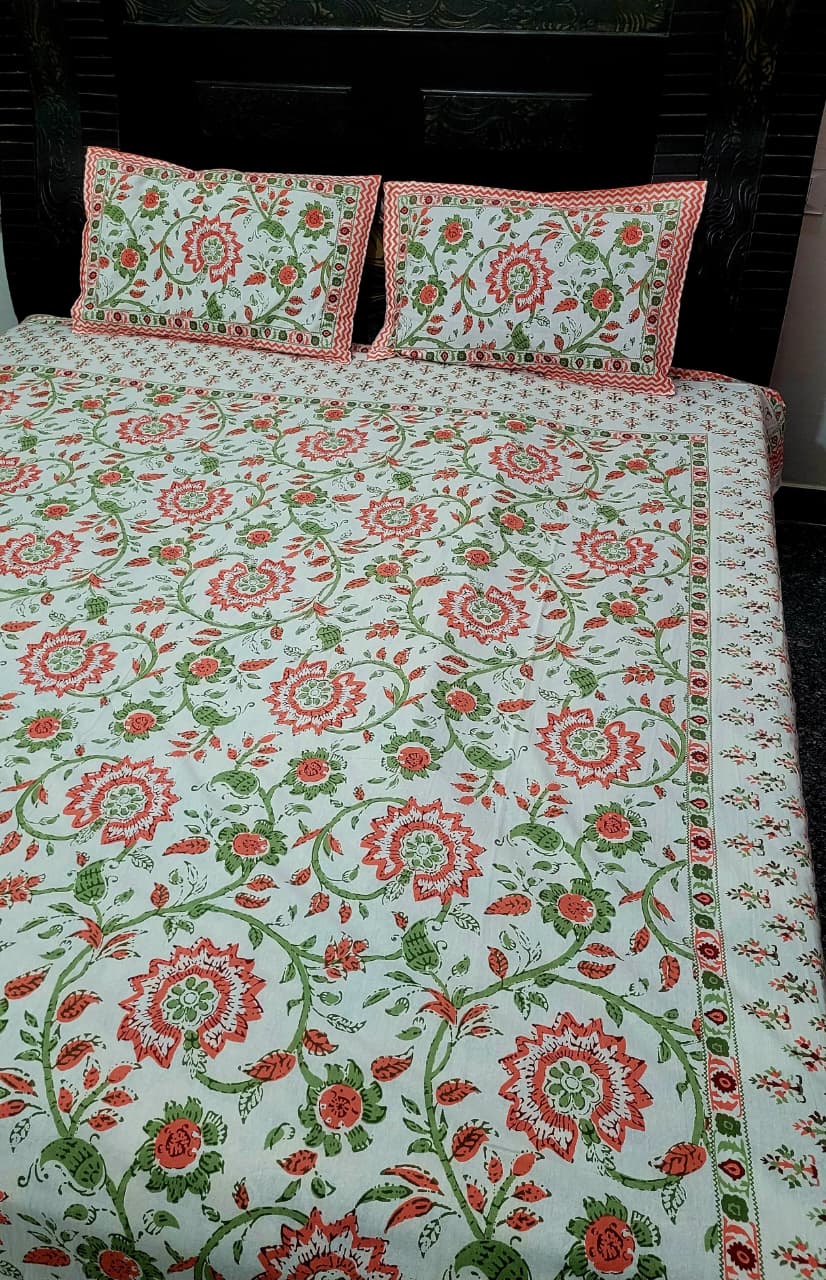 Hand Block Premium Jaipuri Printed King Size Bedsheet with 2 Pillow Cover